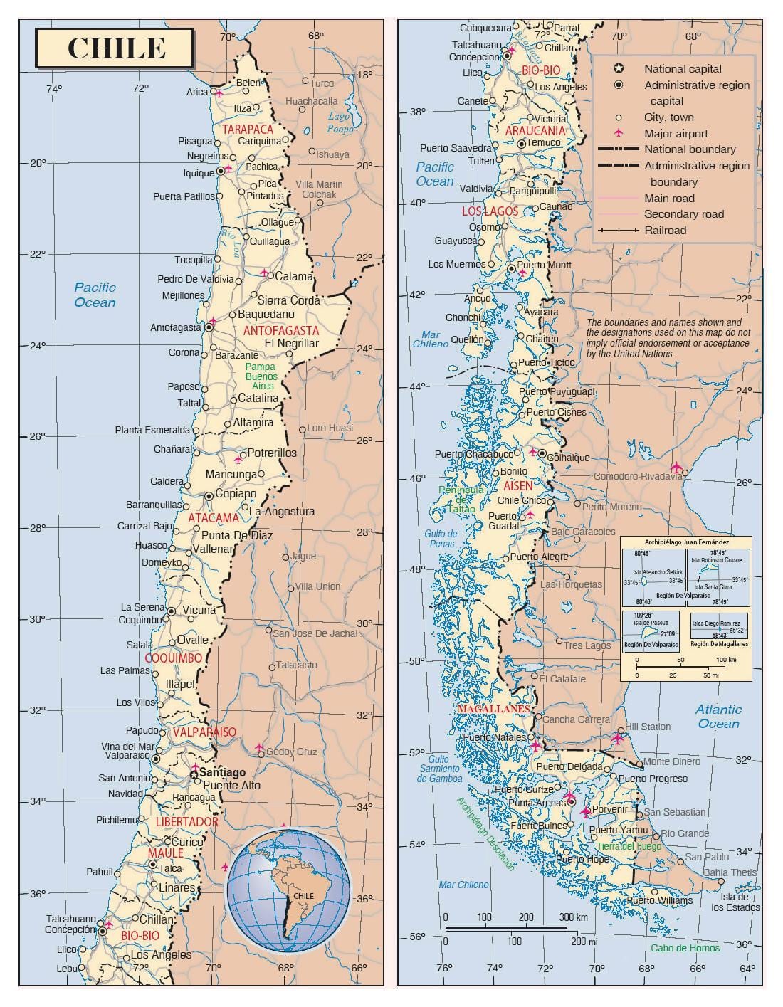 แผนที่ของชิลีกับเมือง