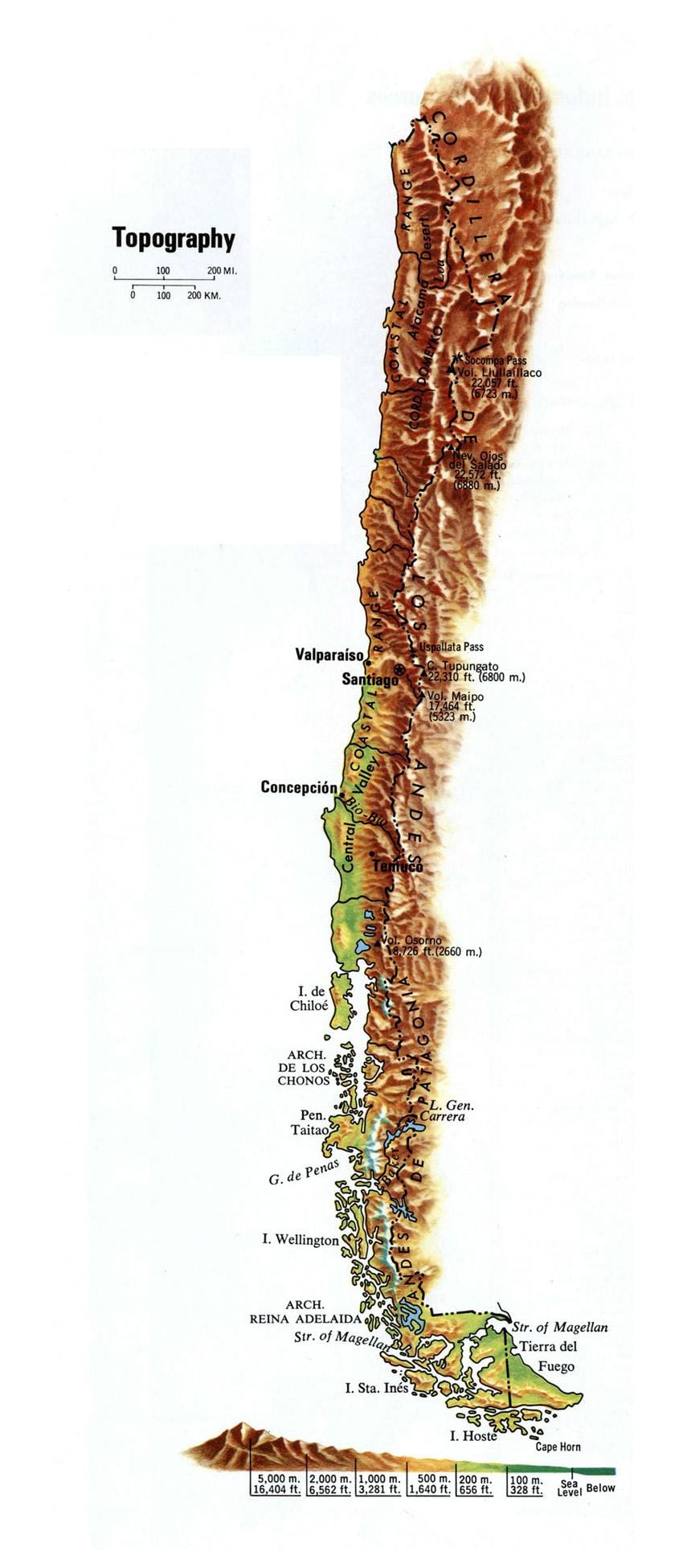 แผนที่ของชิลี topographic